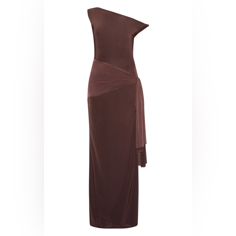 CHOCOLATE SLINKY OFF SHOULDER WRAP DETAIL MAXI DRESS